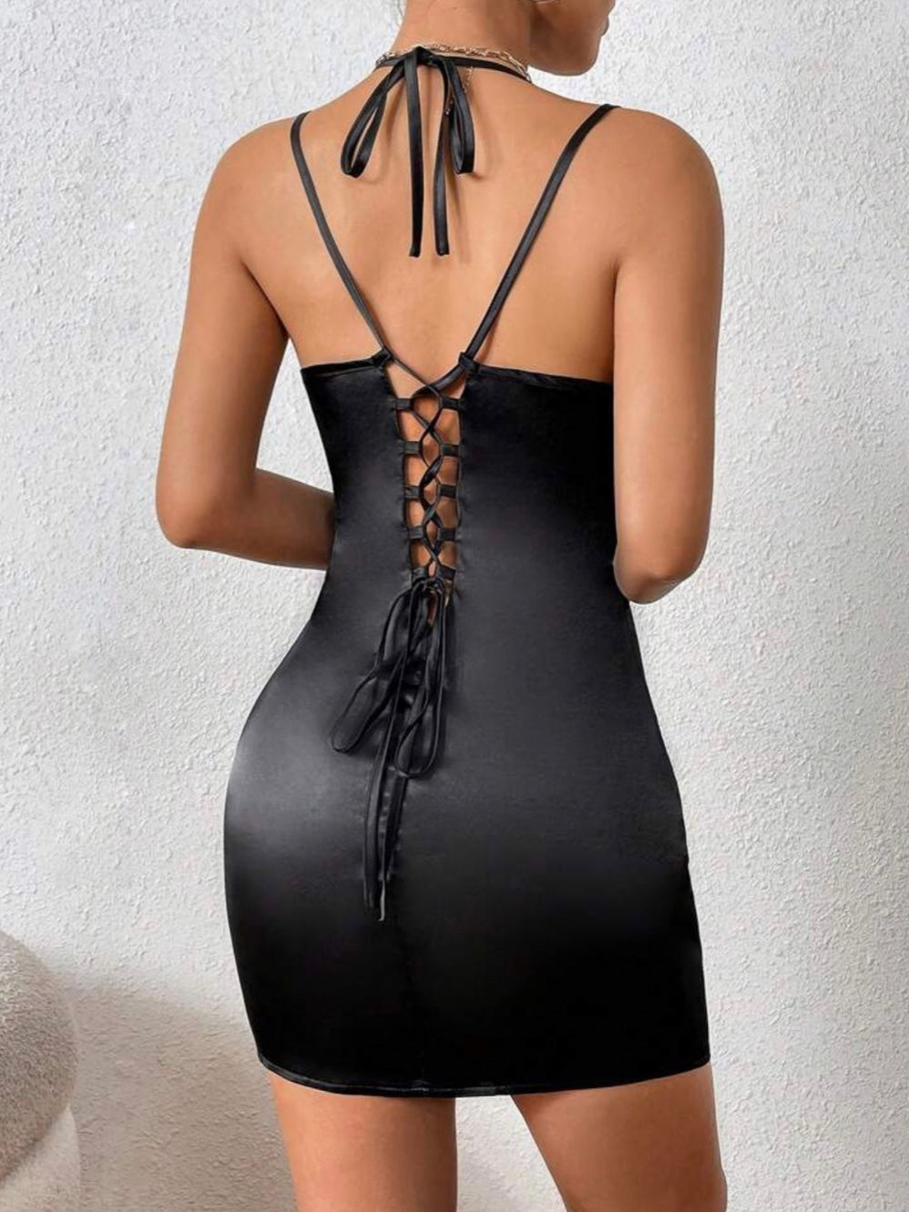 Lace Up Tie Backless Split Hem Satin Cami Dress - Legacy Boutiques