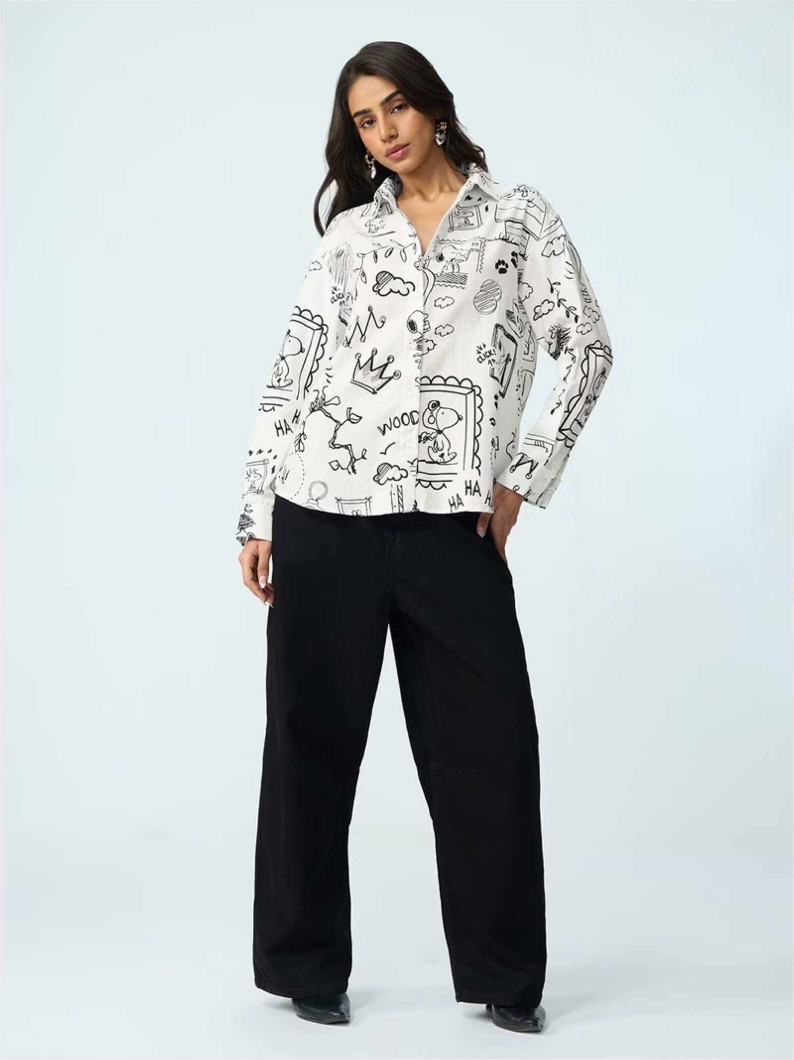 Peanuts Sketch Art Button-Down - Snoopy & Woodstock Illustrated White Shirt