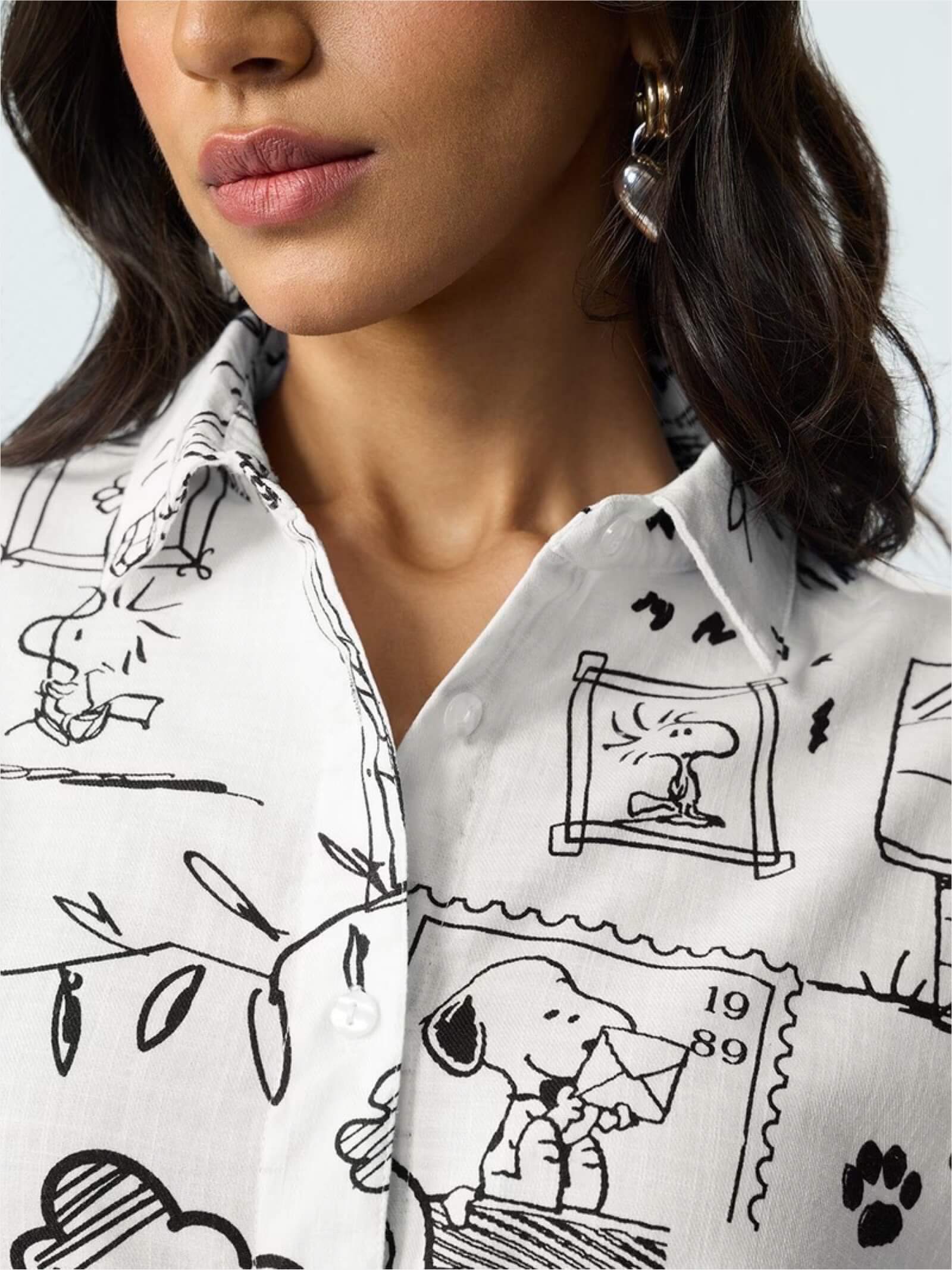 Peanuts Sketch Art Button-Down - Snoopy & Woodstock Illustrated White Shirt