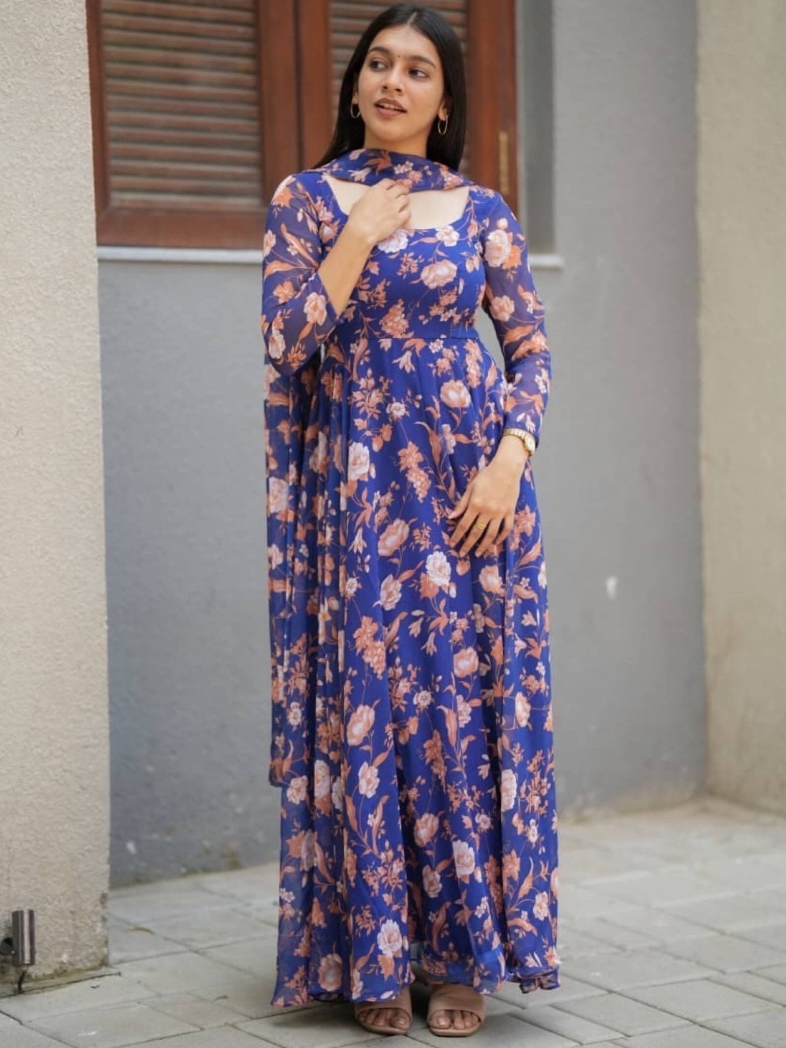Aarvi Premium Anarkali Long Sleeve Teal Floral 2 pis Gown Legacy Boutiques Legacy Boutiques