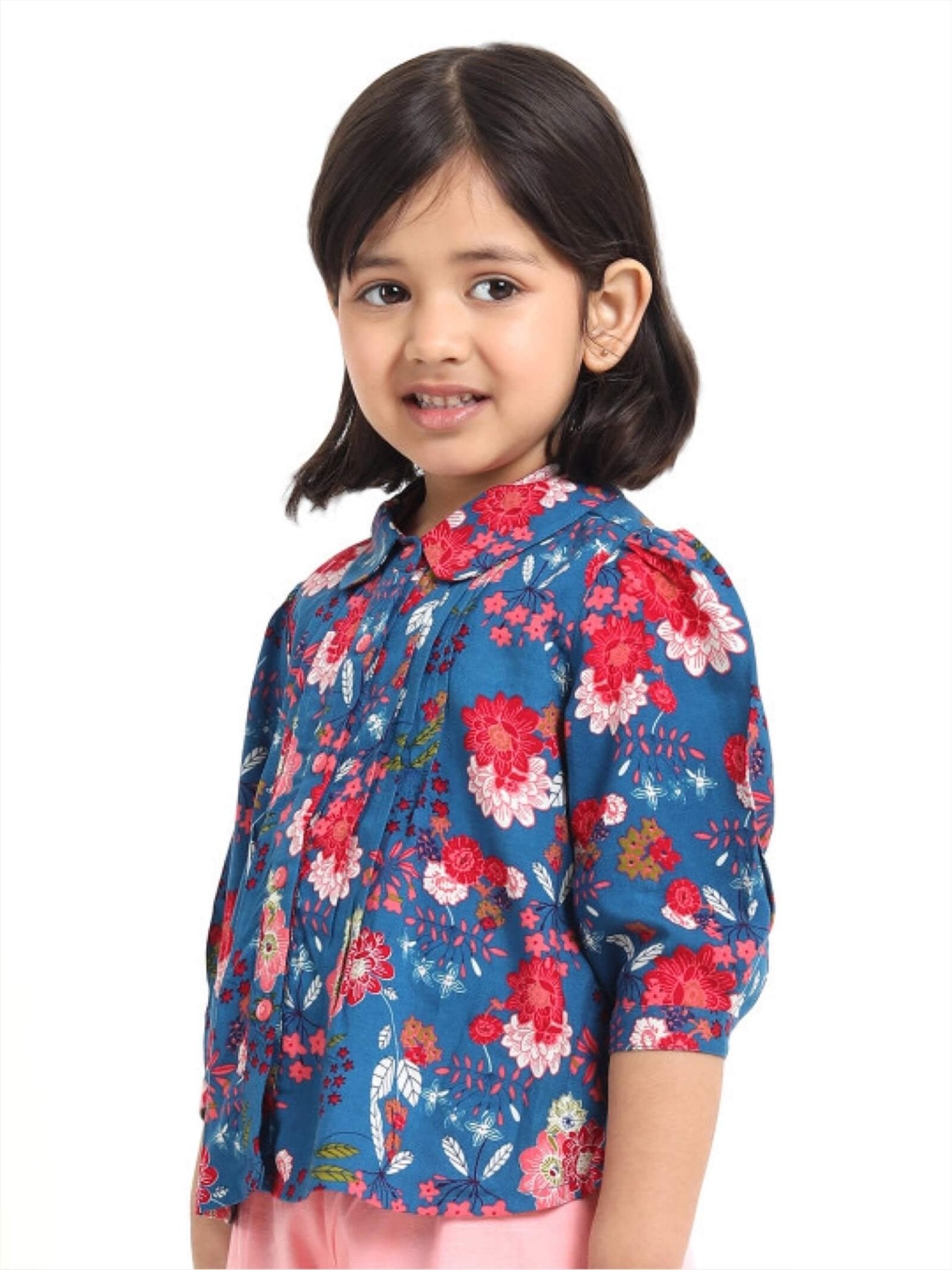 Azure Bloom Girls Peter Pan Collar Pleated Floral Print Shirt - Blue Legacy Boutiques Legacy Boutiques