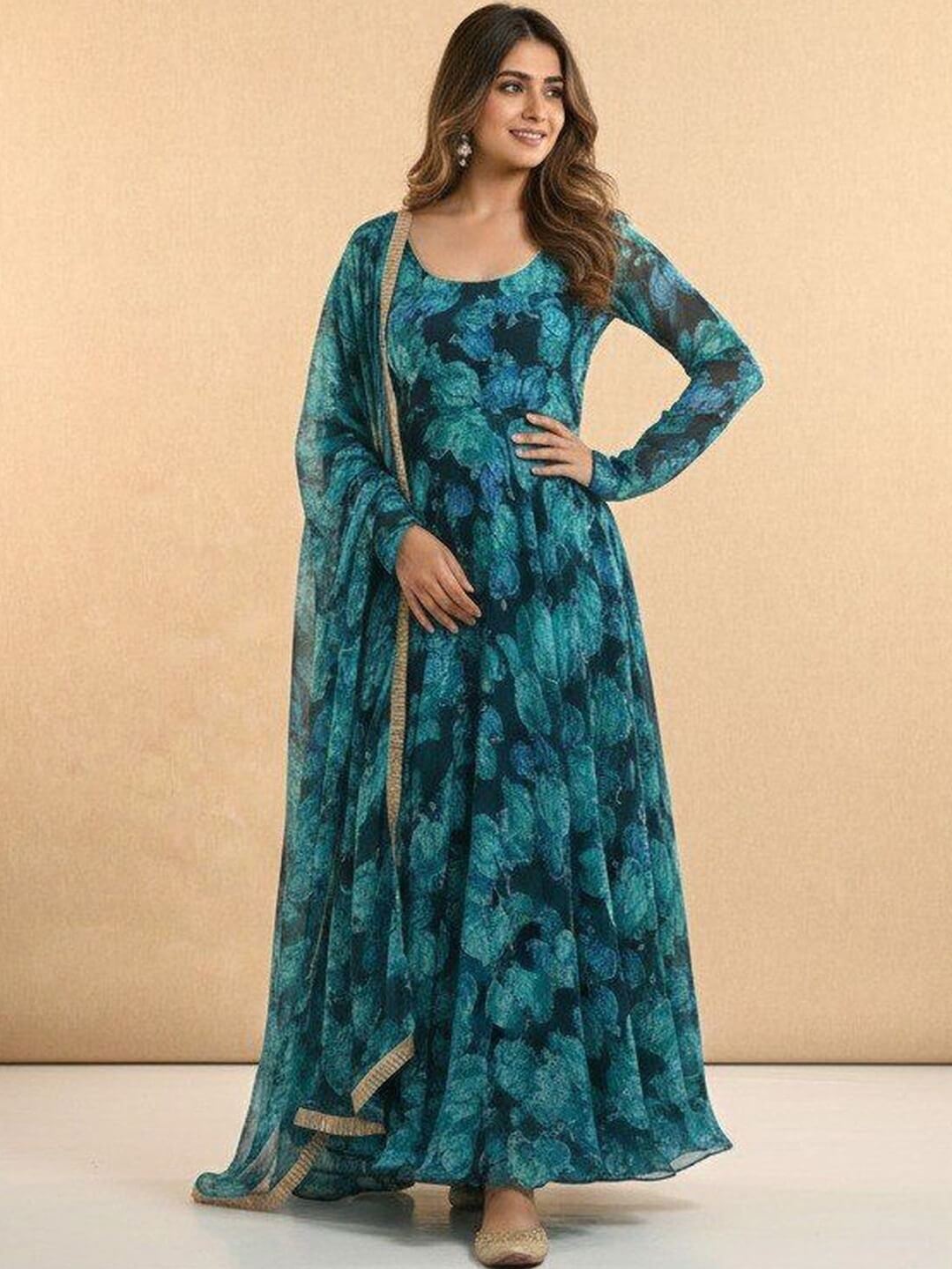 Azure Petal Long Sleeve Teal Floral 2 pis Gown Legacy Boutiques Legacy Boutiques