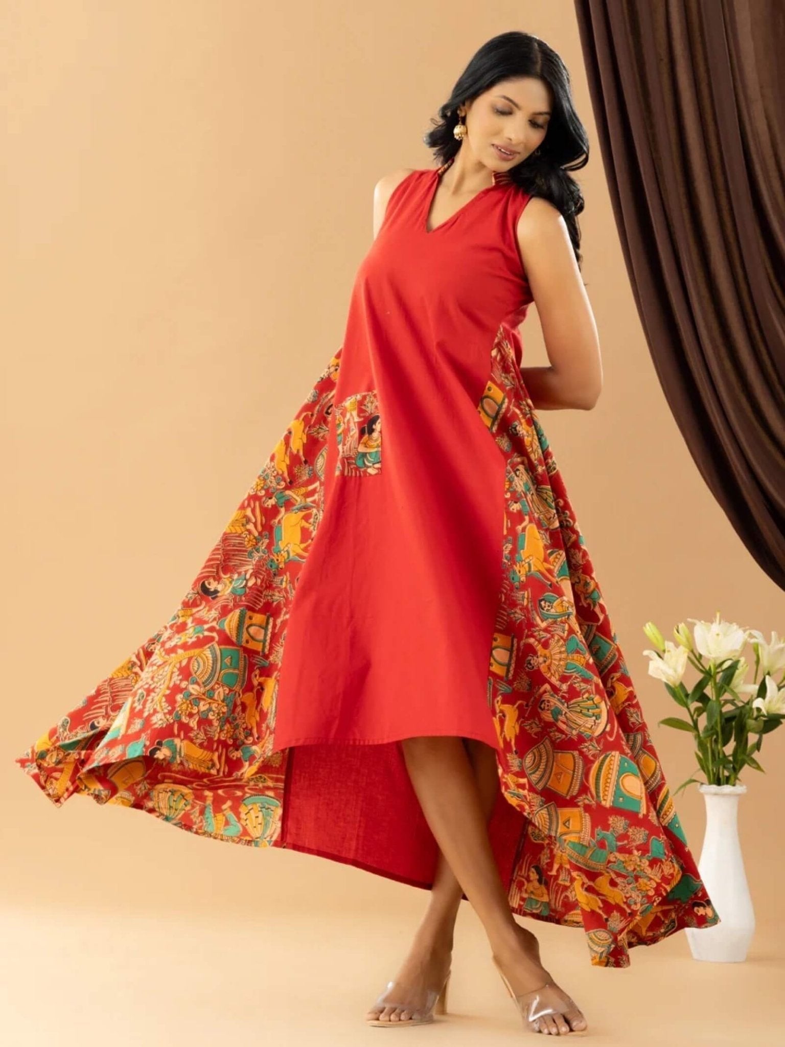 Bahaar red kalamkari asymmetrical dress Legacy Boutiques Legacy Boutiques