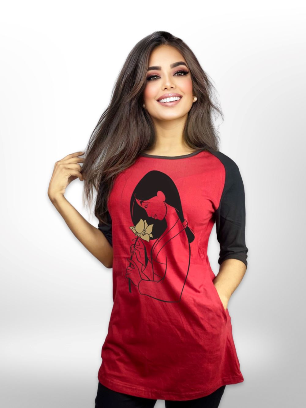 Beautiful Raglan Sleeve Side Pocket Long T-shirt For Women&