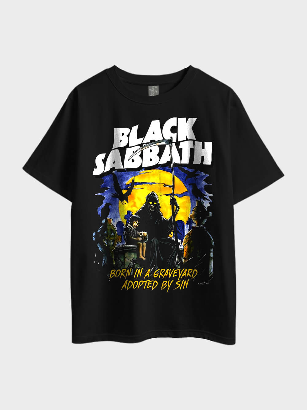 Black Sabbath Born in a Graveyard Adopted by Sin Metal Oversized Mens T-shirt Legacy Boutiques BD Legacy Boutiques Legacy Boutiques