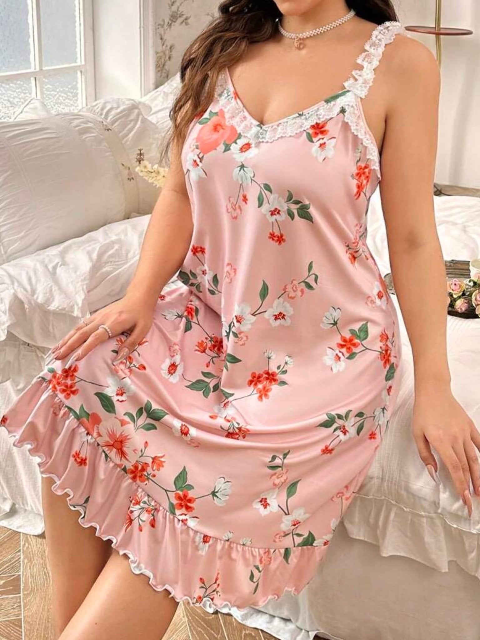 Blossom Pink Floral Nightdress - Lace Trim Ruffle Hem Sleepwear ๐ธ Legacy Boutiques Legacy Boutiques