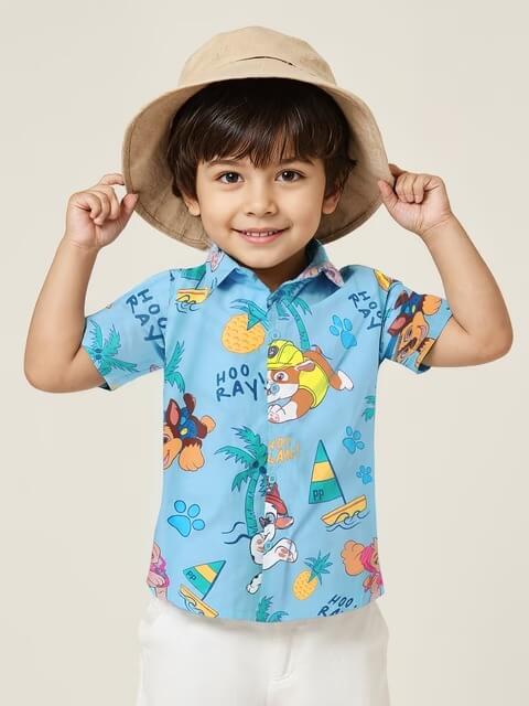 Boys Paw Patrol Hoo Ray Sky Blue Tropical Beach Print Short Sleeve Shirt Legacy Boutiques Legacy Boutiques