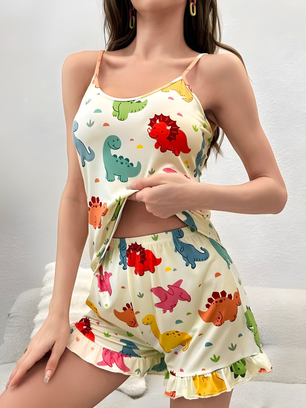 Cartoon Little Dinosaur Print Cami Top and Shorts Set For Women Summer collection | Legacy Boutiques Dhaka Legacy Boutiques Legacy Boutiques