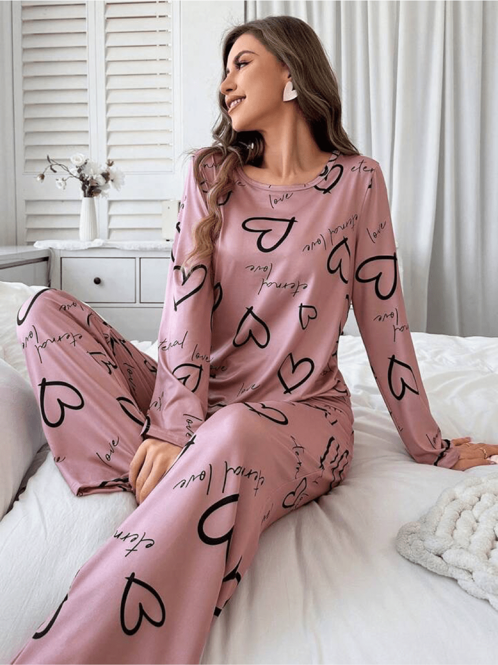 Casual Heart Print Pajama Set For Fall Winter, Round Neck Long Sleeve Top  Elastic Pants, Women's Sleepwear Legacy Boutiques Bangladesh