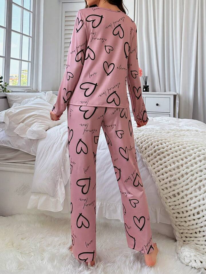 Casual Heart Print Pajama Set For Fall & Winter, Round Neck Long Sleeve Top & Elastic Pants, Women&