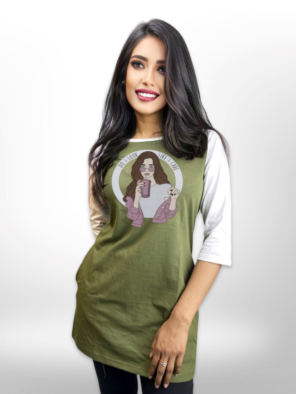 Coffee Cool Printed Long T-shirt Raglan Sleeve Side Pocket For Women&