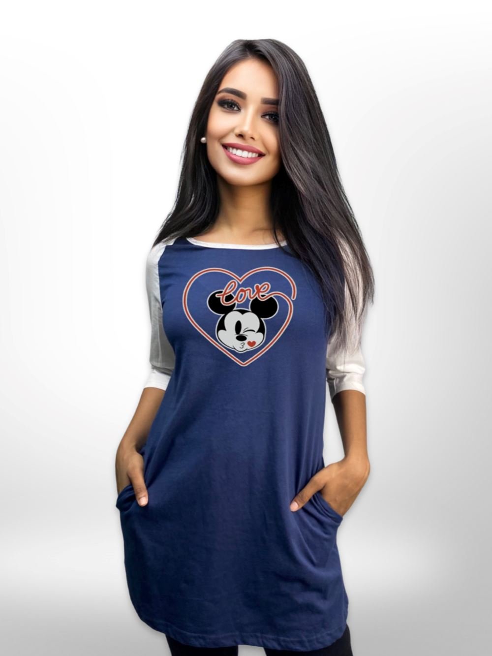 Cotton Raglan Sleeve Side Pocket Printed Long T-shirt For Women&