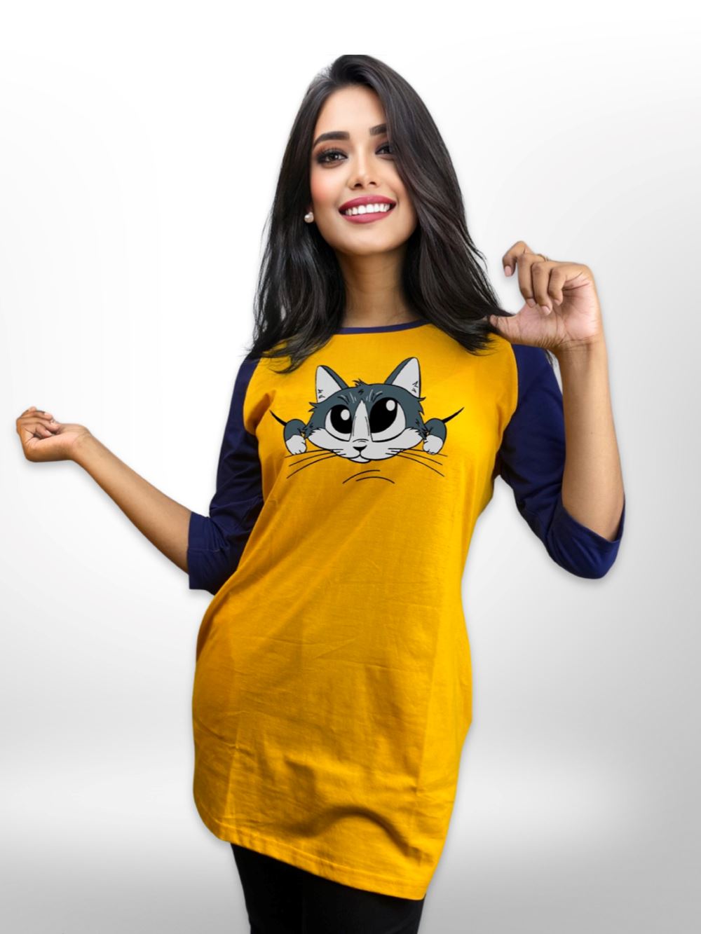 Cute Pet Printed Long T-shirt Raglan Sleeve Side Pocket For Women&