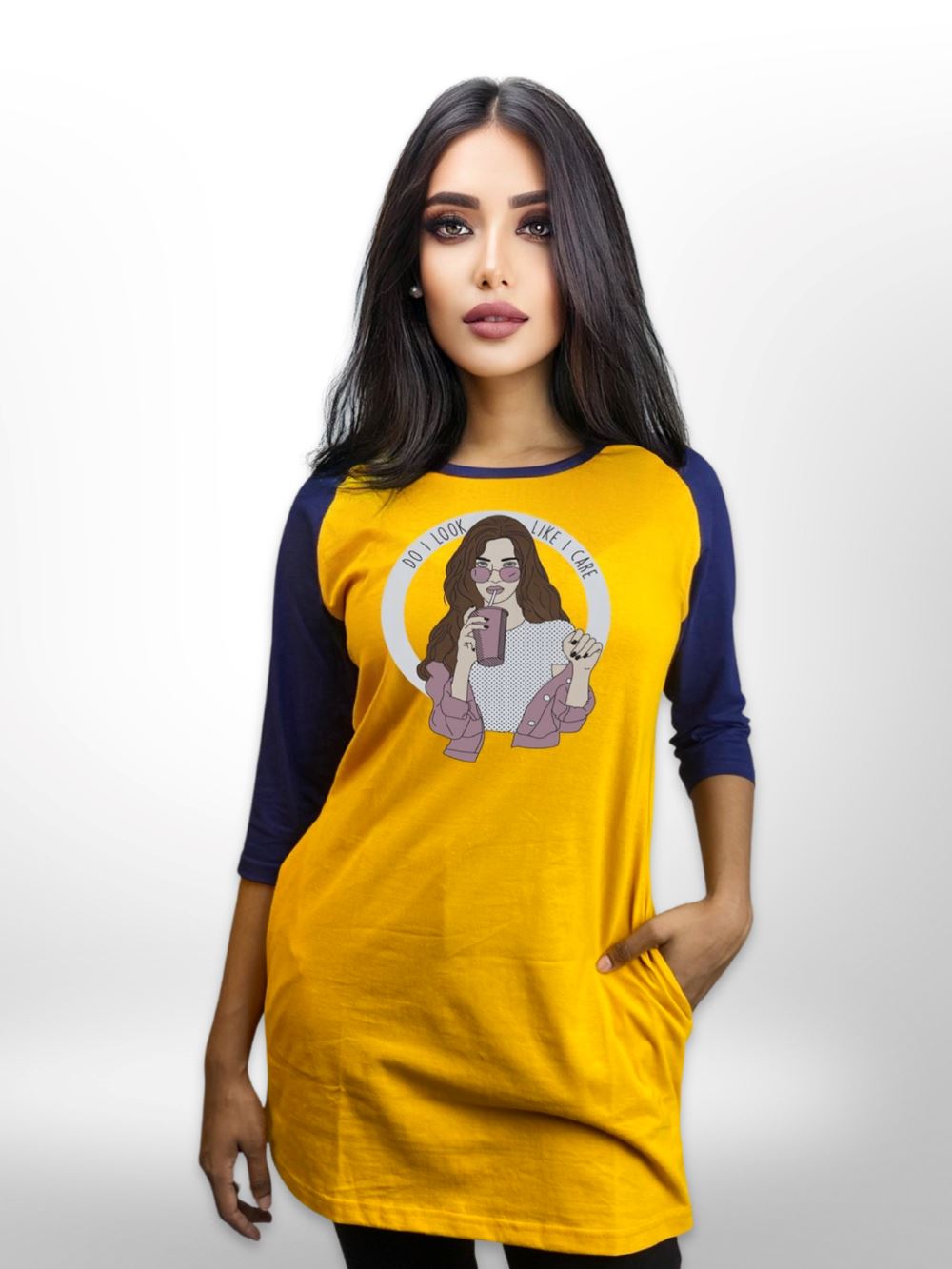 Do I Look Beautiful Printed Long T-shirt Raglan Sleeve Side Pocket For Women&
