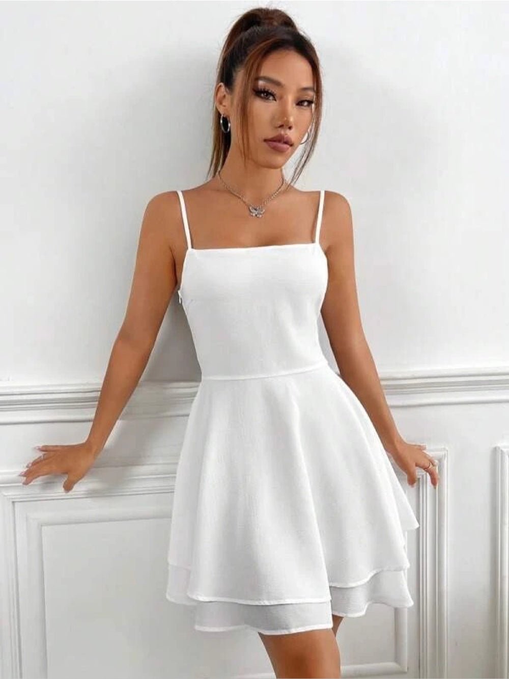 solid criss cross backless cami dress Crisscross Tie Side Backless Asymmetrical Hem Cami Dress, White / XS
