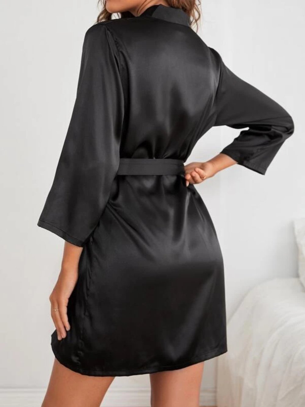 Drop Shoulder Contrast Trim Belted Satin Sleep Robe Legacy Boutiques Legacy Boutiques