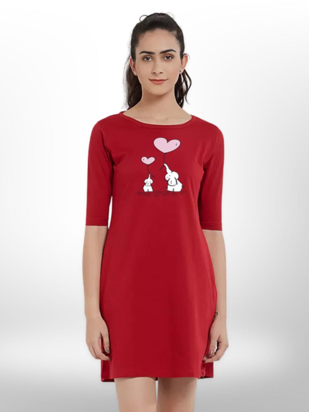 ELEPHANT LOVE PRINT T - SHIRT THREE QUARTER SLEEVE SIDE POCKET FOR WOMEN&
