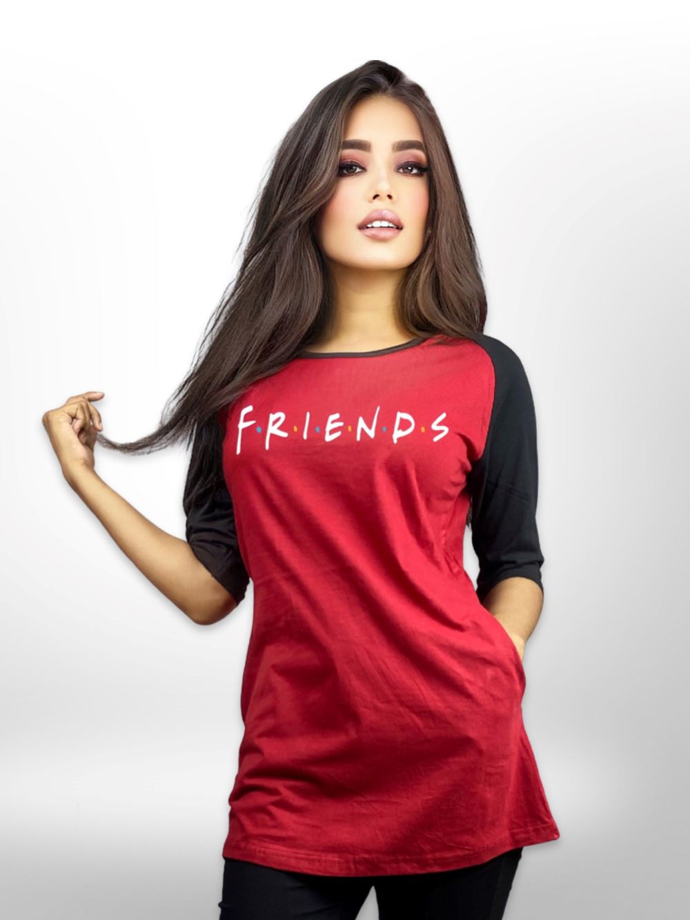 Friends Printed Long T-shirt Raglan Sleeve Side Pocket For Women&