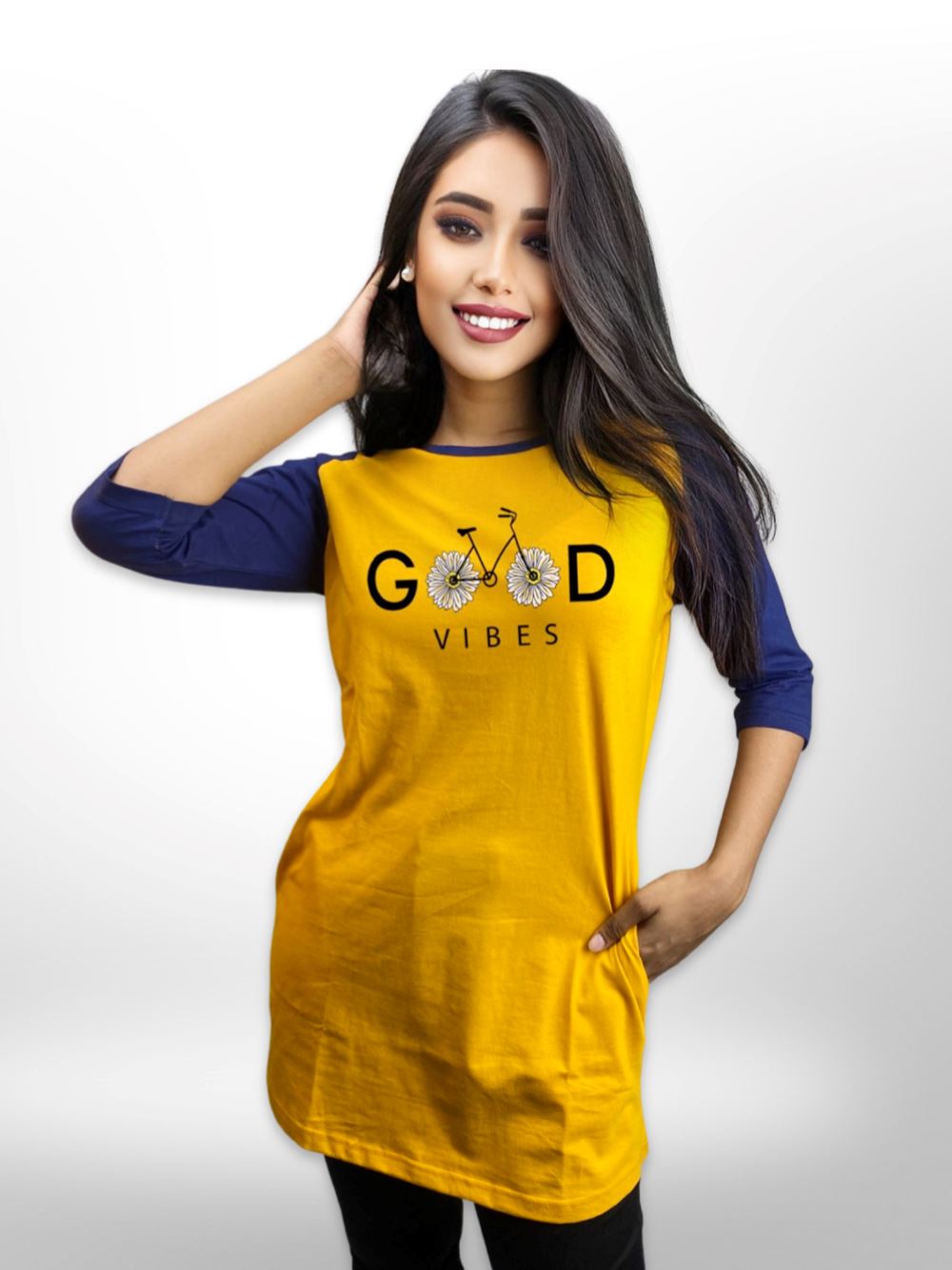 Girl Good Vibe Long T-shirt Raglan Sleeve Side Pocket Printed For Women&