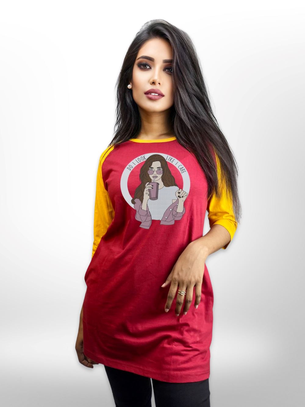 Girl With Cooffe Print Raglan Sleeve Side Pocket Long T-shirt For Women&