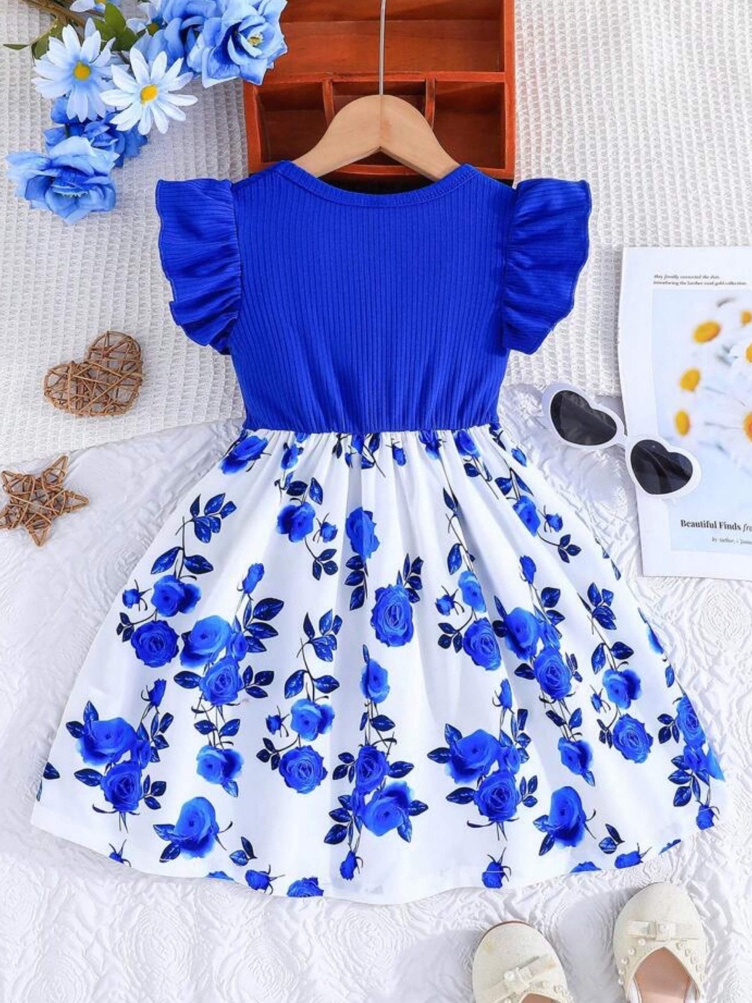 Girls Dress With Ruffled Sleeves, Bow And Rose Print Legacy Boutiques Legacy Boutiques