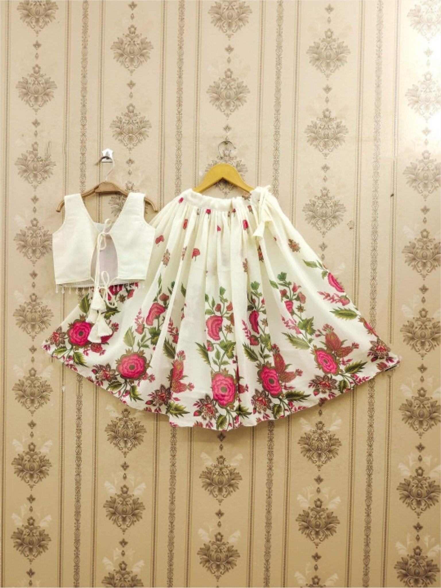 Girls Ivory Silk Floral Lehenga Choli - Pink Botanical Garden Print Set Legacy Boutiques Legacy Boutiques