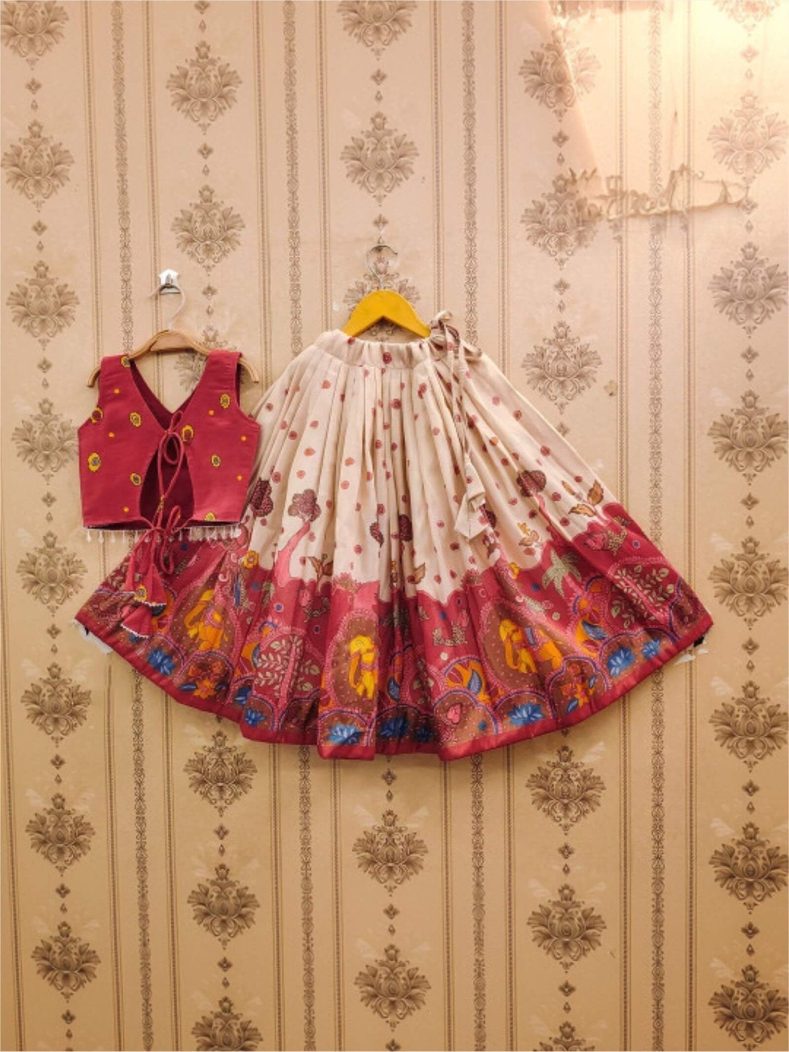Girls Maroon Silk Kalamkari Lehenga Choli - Traditional Elephant Print 3 Pis Legacy Boutiques Legacy Boutiques