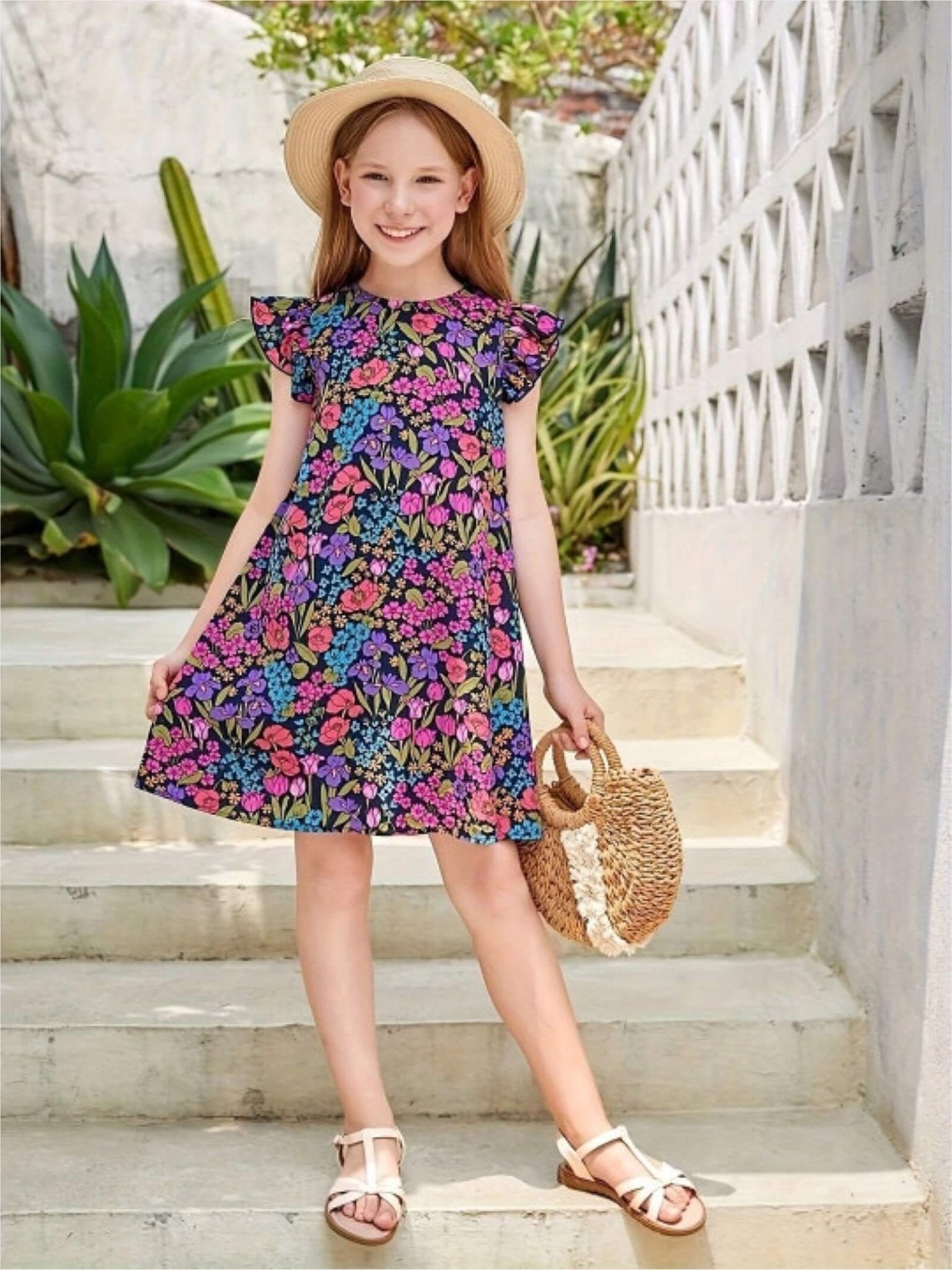 Girls Navy Vibrant Floral Flutter Sleeve A - Line Dress with Back Zipper Legacy Boutiques Legacy Boutiques