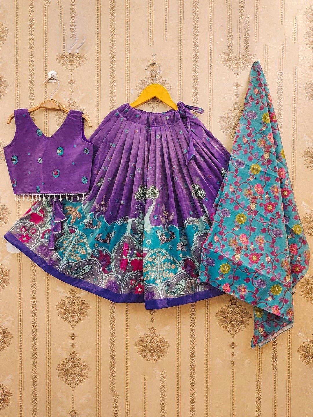 Girls Purple Silk Kalamkari Lehenga Choli Traditional Elephant Print 3 Pis Legacy Boutiques Legacy Boutiques