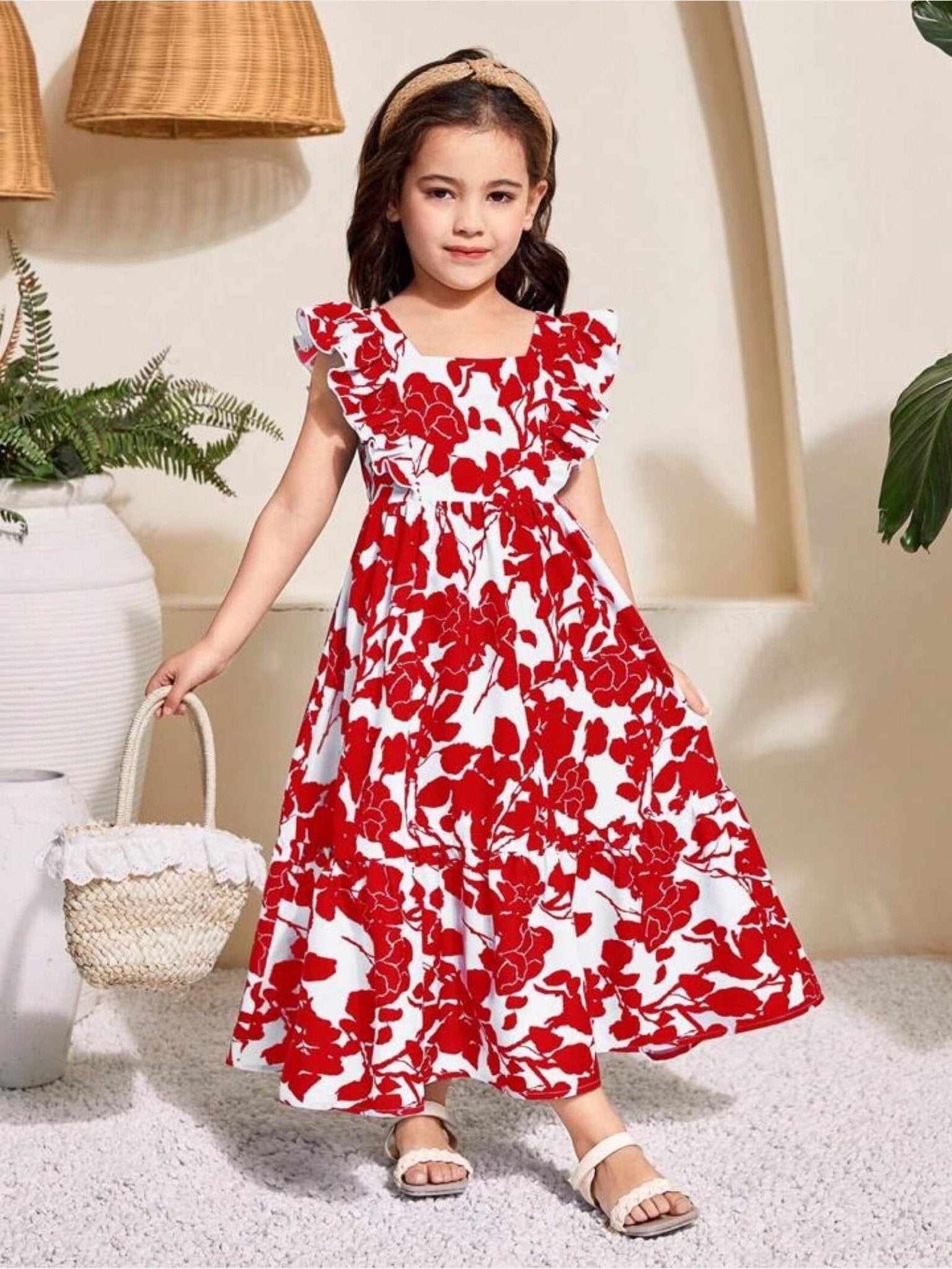 Girls Rosalie Red Floral Ruffle Maxi Dress with Bow Tie Back Cutout Legacy Boutiques Legacy Boutiques