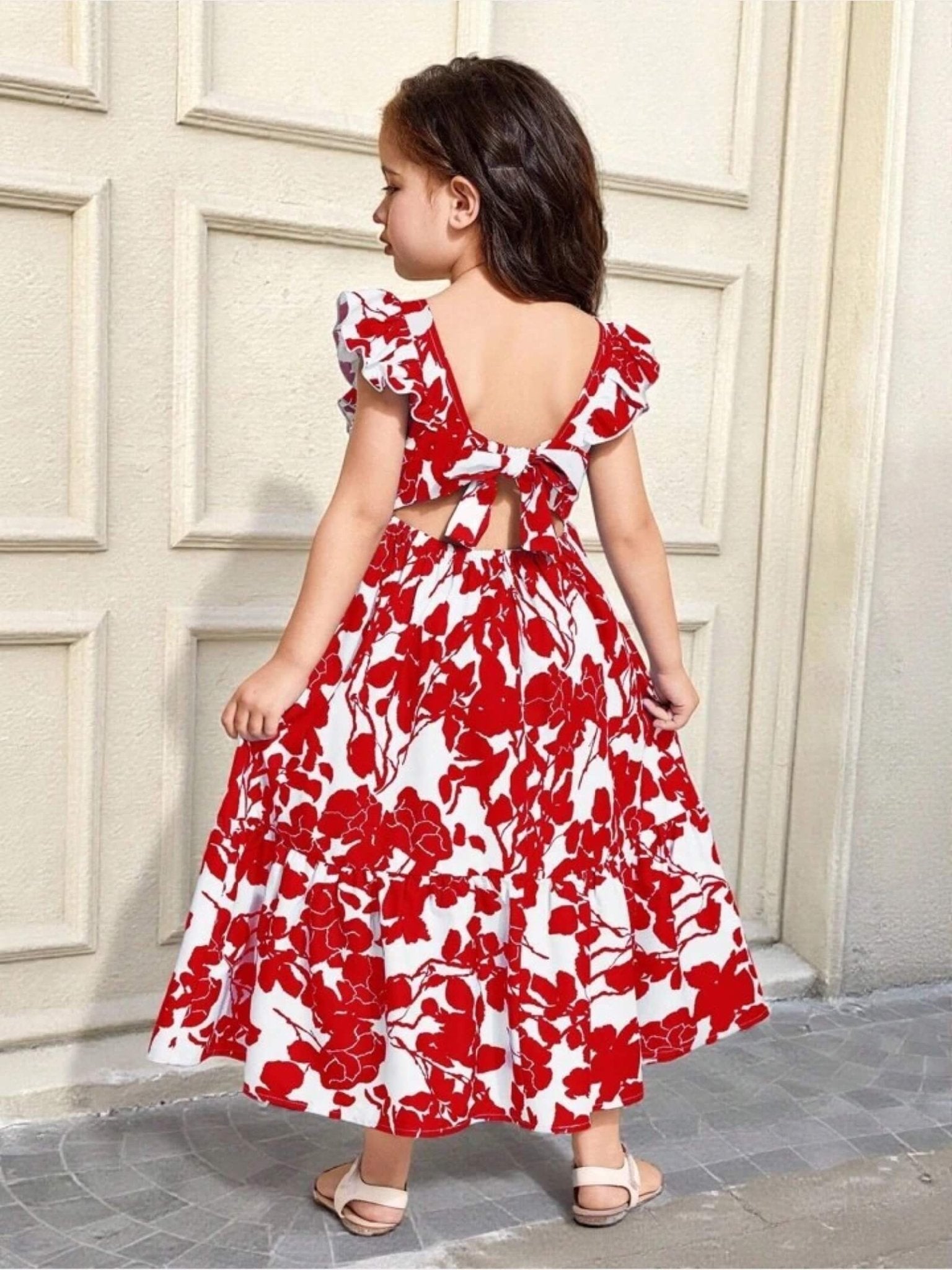 Girls Rosalie Red Floral Ruffle Maxi Dress with Bow Tie Back Cutout Legacy Boutiques Legacy Boutiques