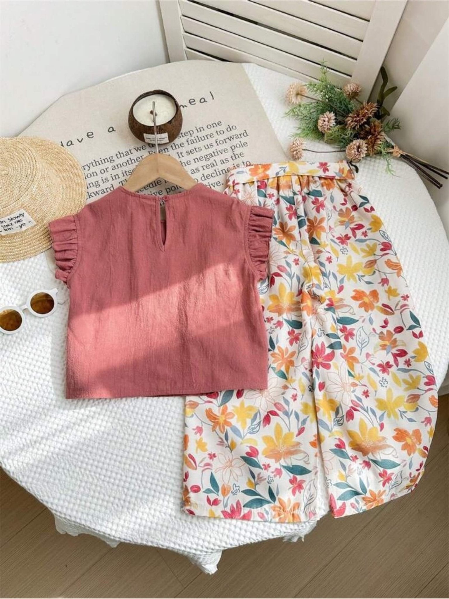 Girls Ruffle Trim Textured Tee & High - Waist Floral Belted Pant Set Legacy Boutiques Legacy Boutiques
