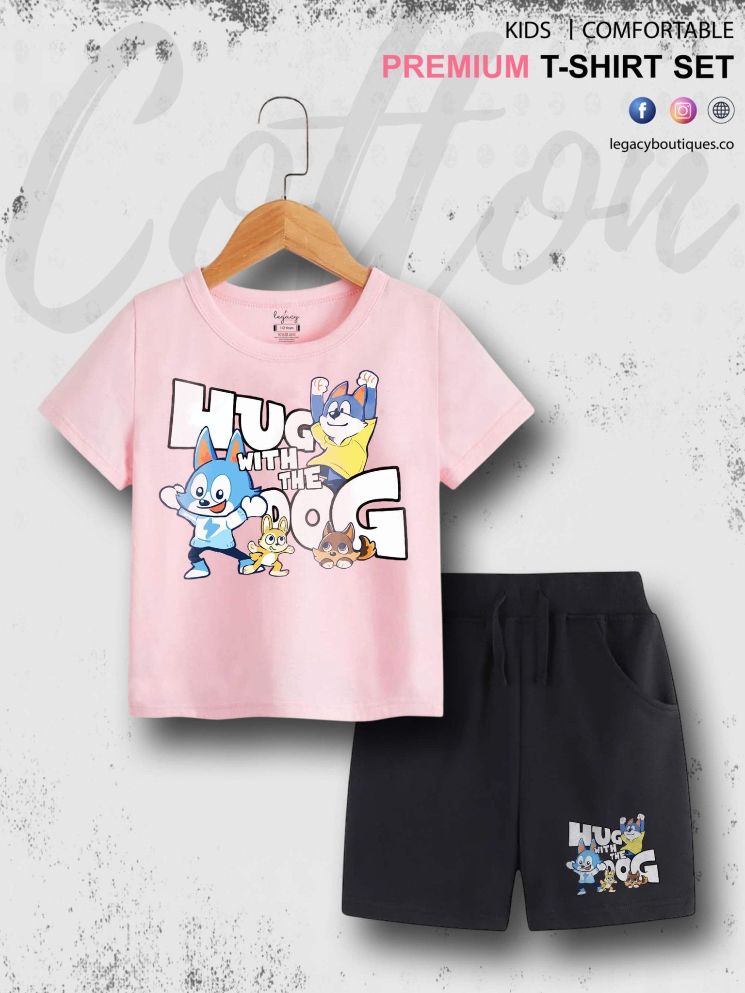 Hug With The Dog Cartoon Printed 6 Month To 6 Year Summer Time Baby & Kids Super Comfy T-shirt Set Legacy Boutiques Legacy Boutiques