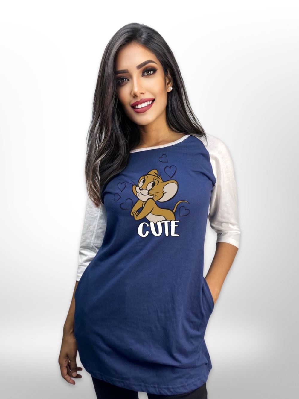 Jerry Fun Printed Long T-shirt Raglan Sleeve Side Pocket For Women&