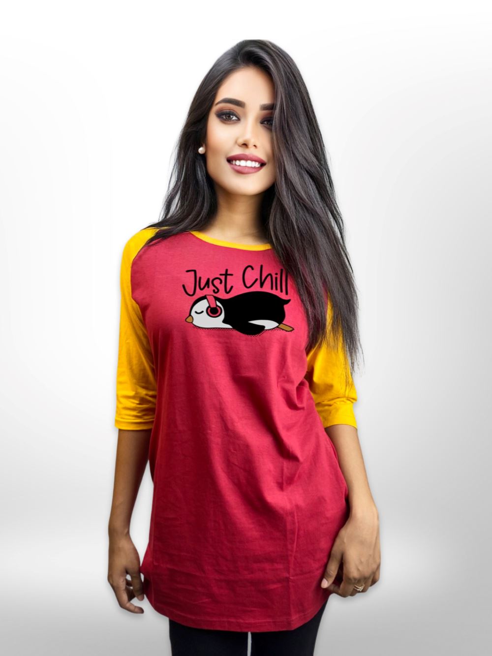 Just Chill Printed Long T-shirt Raglan Sleeve Side Pocket For Women&