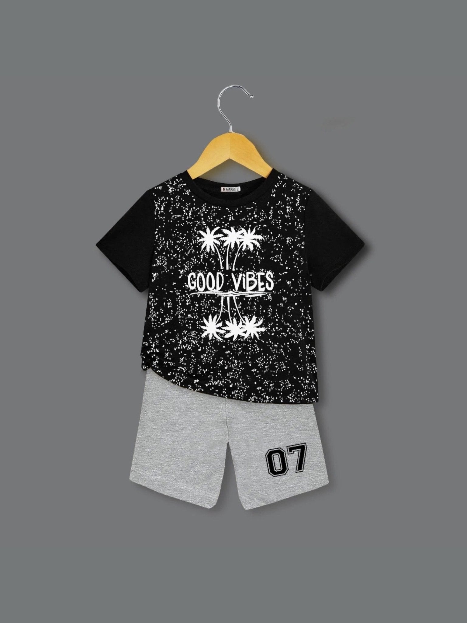 Kids Good Vibes Speckle Print T-Shirt and Grey Varsity Shorts Set Legacy Boutiques Legacy Boutiques