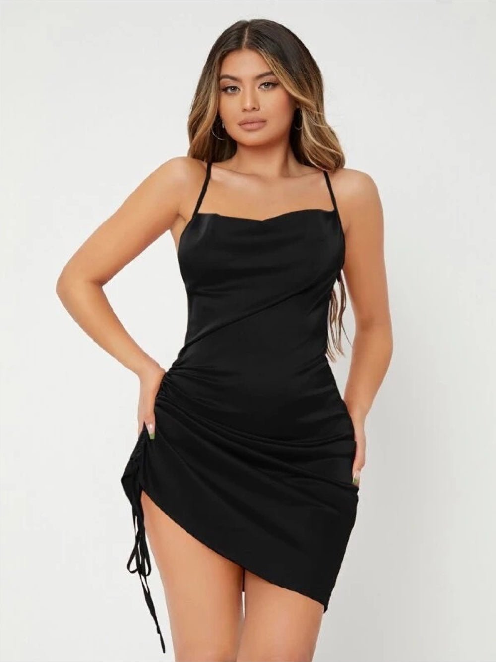 Long Black Dress For Women Drawstring Ruched Crisscross Cami Satin Dress Legacy Boutiques Legacy Boutiques