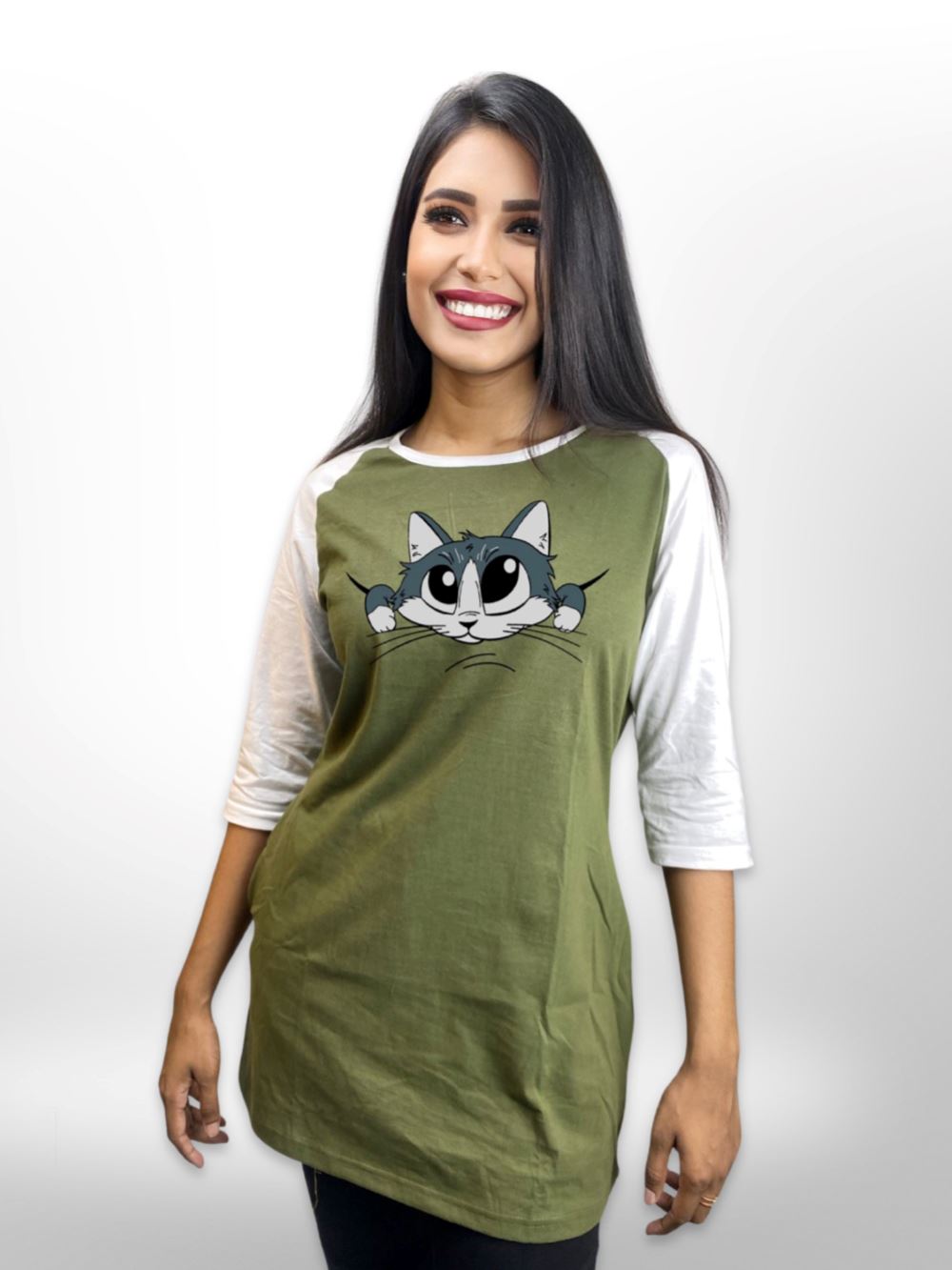 Long Cute Puppy Printed Raglan Sleeve Side Pocket T Shirt For Women&