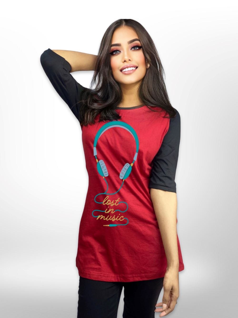 Lost Music Printed Long T-shirt Maroon Raglan Sleeve Side Pocket Legacy Boutiques Legacy Boutiques