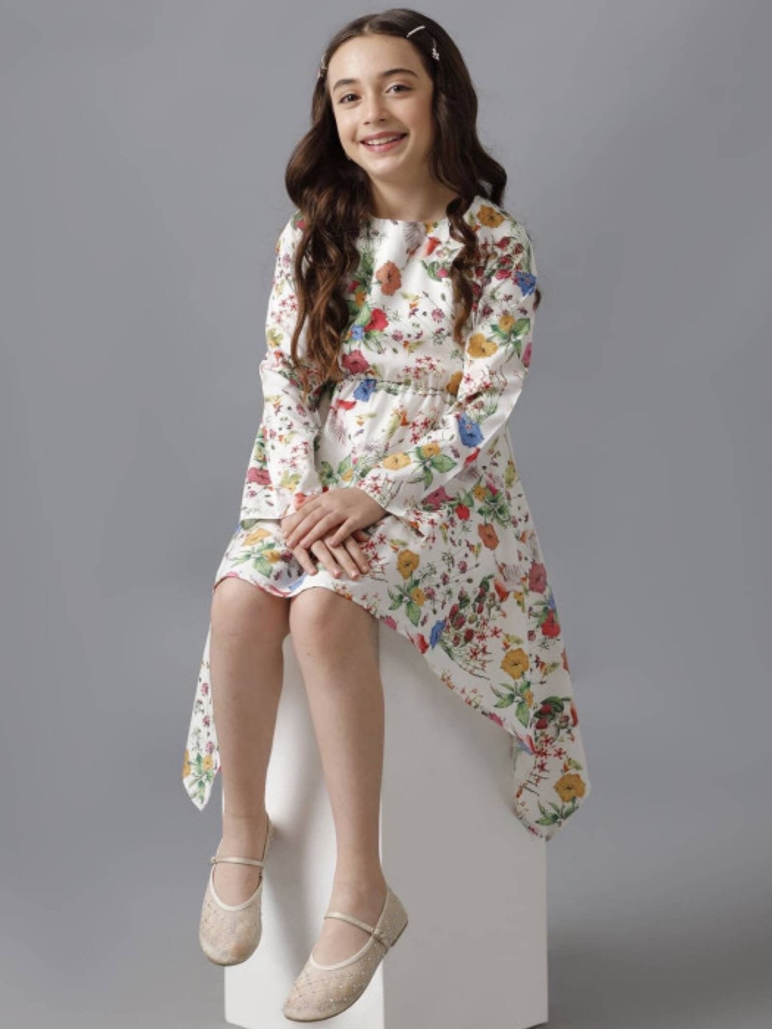 Meadow Bloom Long Sleeve High - Low Dress - Vibrant Floral White Party Wear Legacy Boutiques Legacy Boutiques