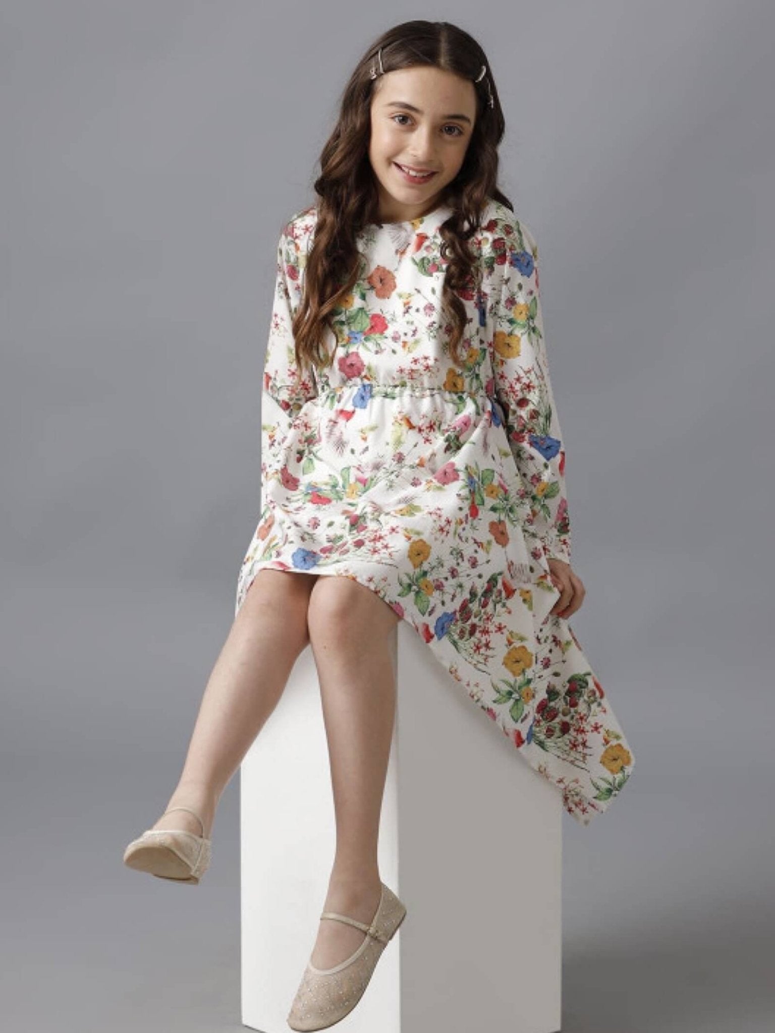 Meadow Bloom Long Sleeve High - Low Dress - Vibrant Floral White Party Wear Legacy Boutiques Legacy Boutiques