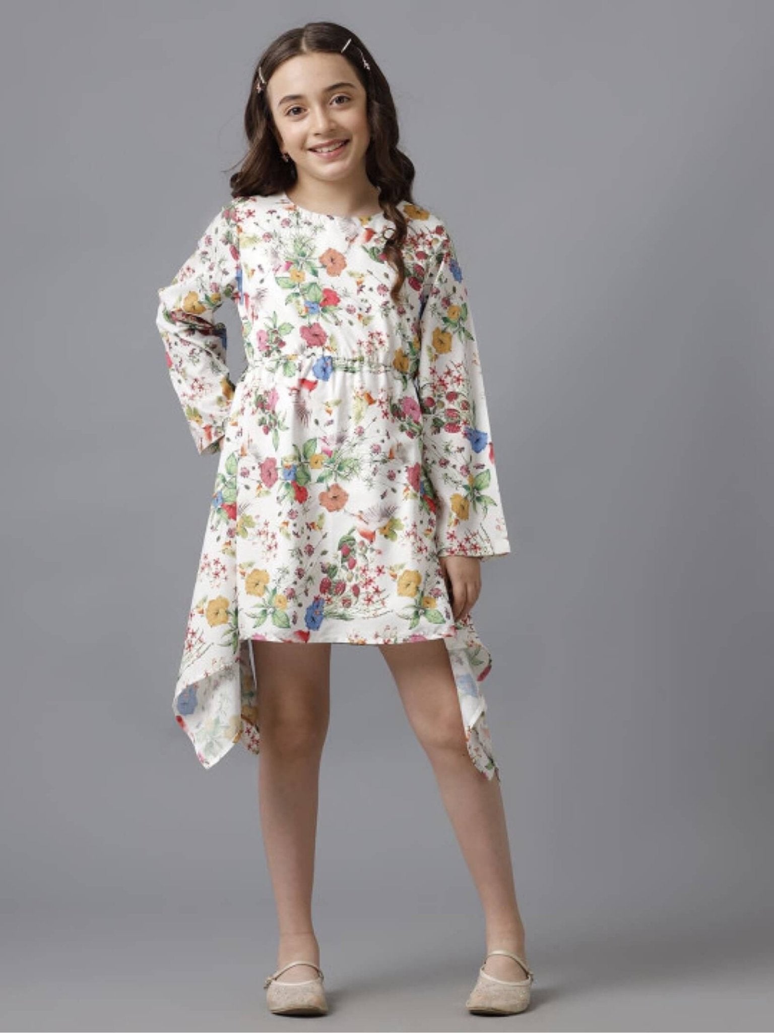 Meadow Bloom Long Sleeve High - Low Dress - Vibrant Floral White Party Wear Legacy Boutiques Legacy Boutiques
