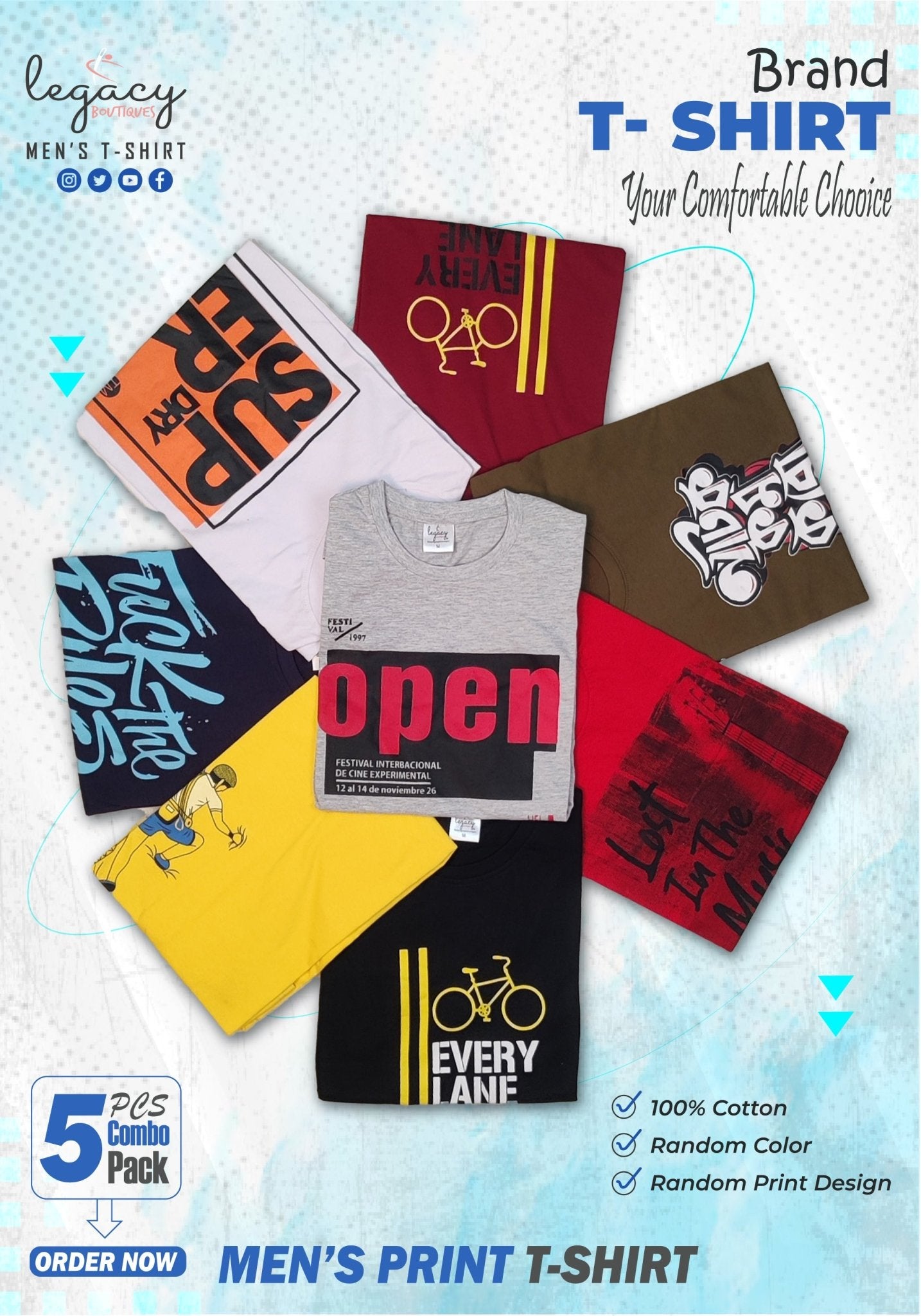 Men’s Printed T-Shirt 5 Piece Combo Tees Perfect for Everyday Comfort – Stock Clearout Legacy Boutiques Legacy Boutiques