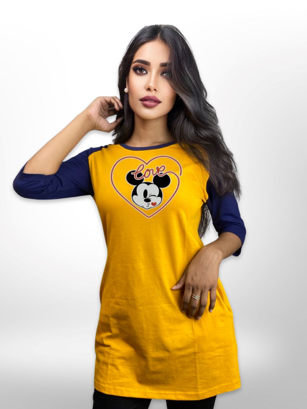 Mickey Love Kiss Printed Womens Raglan Sleeve Side Pocket Lonf T shirt Legacy Boutiques Legacy Boutiques