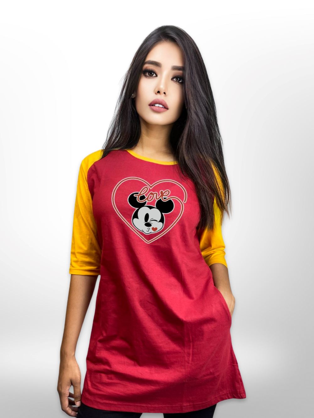 Mickey Love Printed Raglan Sleeve Side Pocket Long T-shirt For Women&
