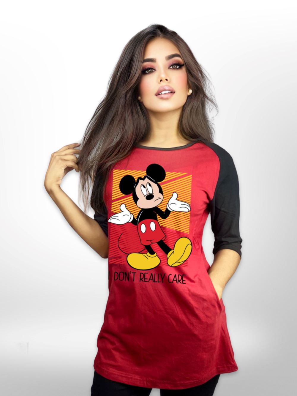 Mickey Worries Printed Long T-shirt Raglan Sleeve Side Pocket For Women&