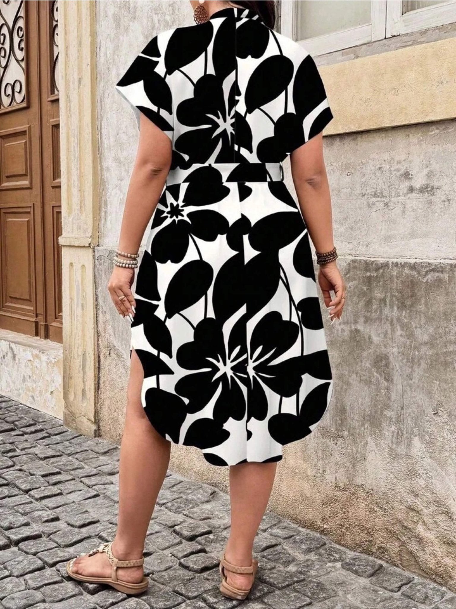 Midnight Bloom Monochrome Floral Belted Midi Dress - Short Sleeve V - Neck Legacy Boutiques Legacy Boutiques