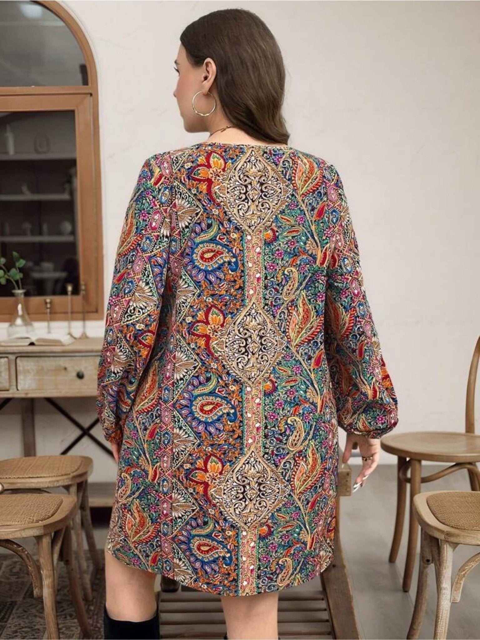 Midnight Regal Paisley Print Shift Dress - Long Sleeve Notched V - Neck Tunic Legacy Boutiques Legacy Boutiques