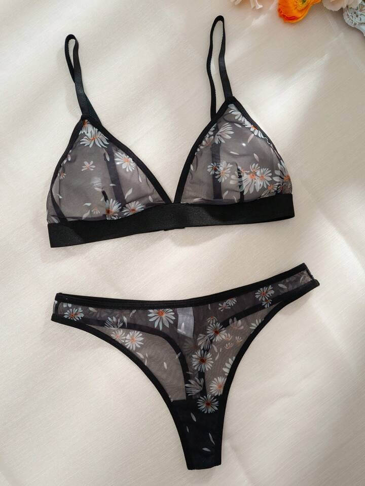 Minimalist Black Sheer Floral Lingerie Set - Daisy Print Mesh 2 - Piece Legacy Boutiques Legacy Boutiques