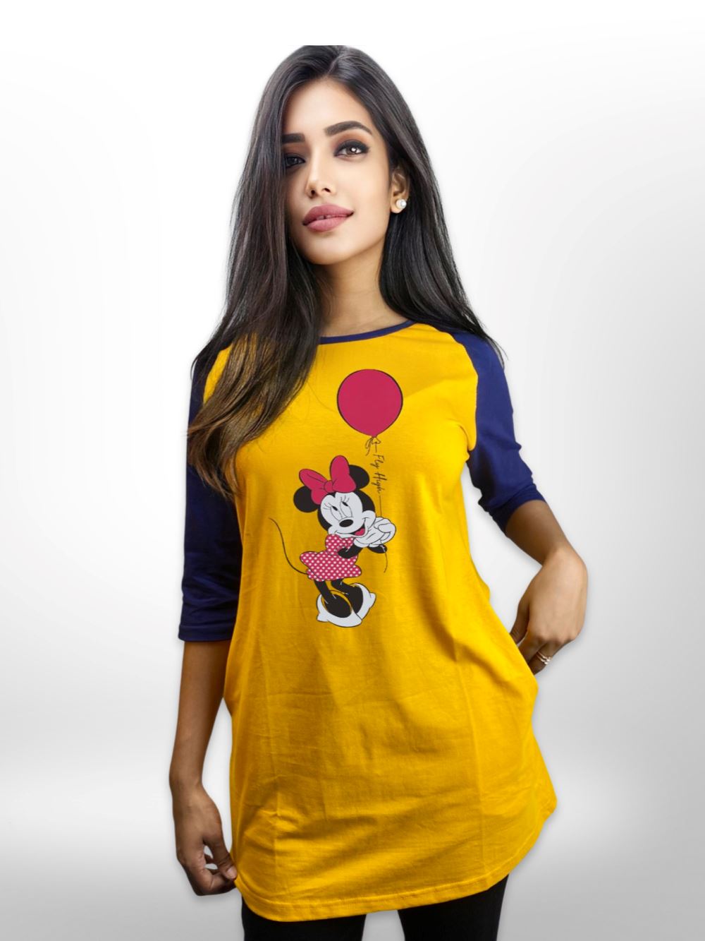 Minnie Red Printed Raglan Sleeve Side Pocket Long T-shirt For Women&